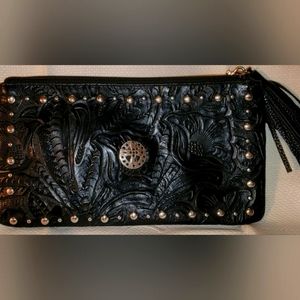 ENOM BLACK DECORATIVE LEATHER WRISTLET WITH SILVER STUDS -EXCELLENT CONDITION